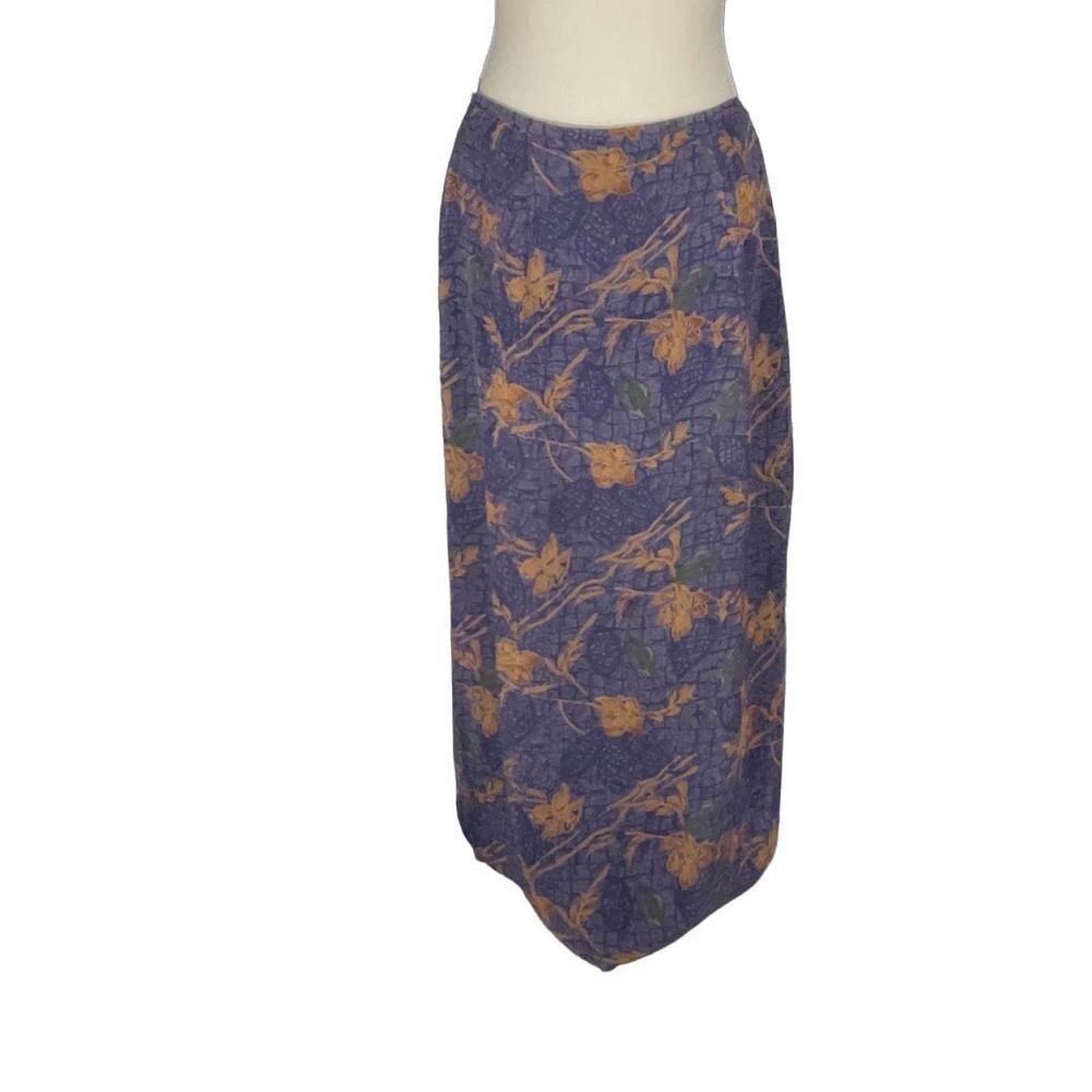 Kathie Lee Collection Purple Brown Maxi Skirt Geometric Floral Side Slits Size 8